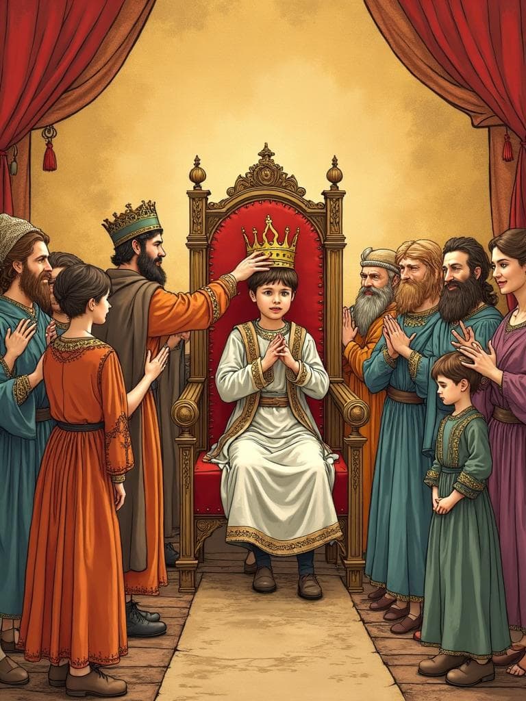 An illustrated storybook scene of a child surrounded by their whole family and cast of loved ones, gathered close around them in a warm, celebratory hall.