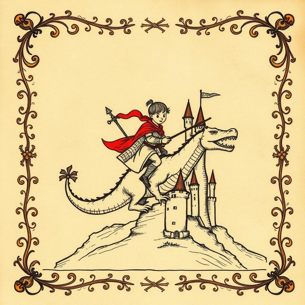 A hand-drawn illustration of a child in a red cape riding a big friendly scaly creature up a hill toward a castle — the child as the hero of their own adventure.