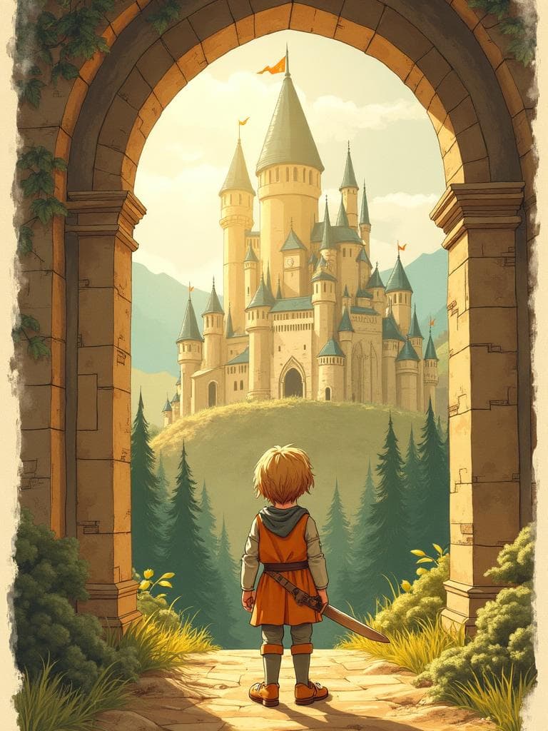 An illustrated storybook page of a young hero in a tunic and hooded cloak, a sword at their side, standing under a stone archway and looking out across pine woods at a many-towered castle on a hill.