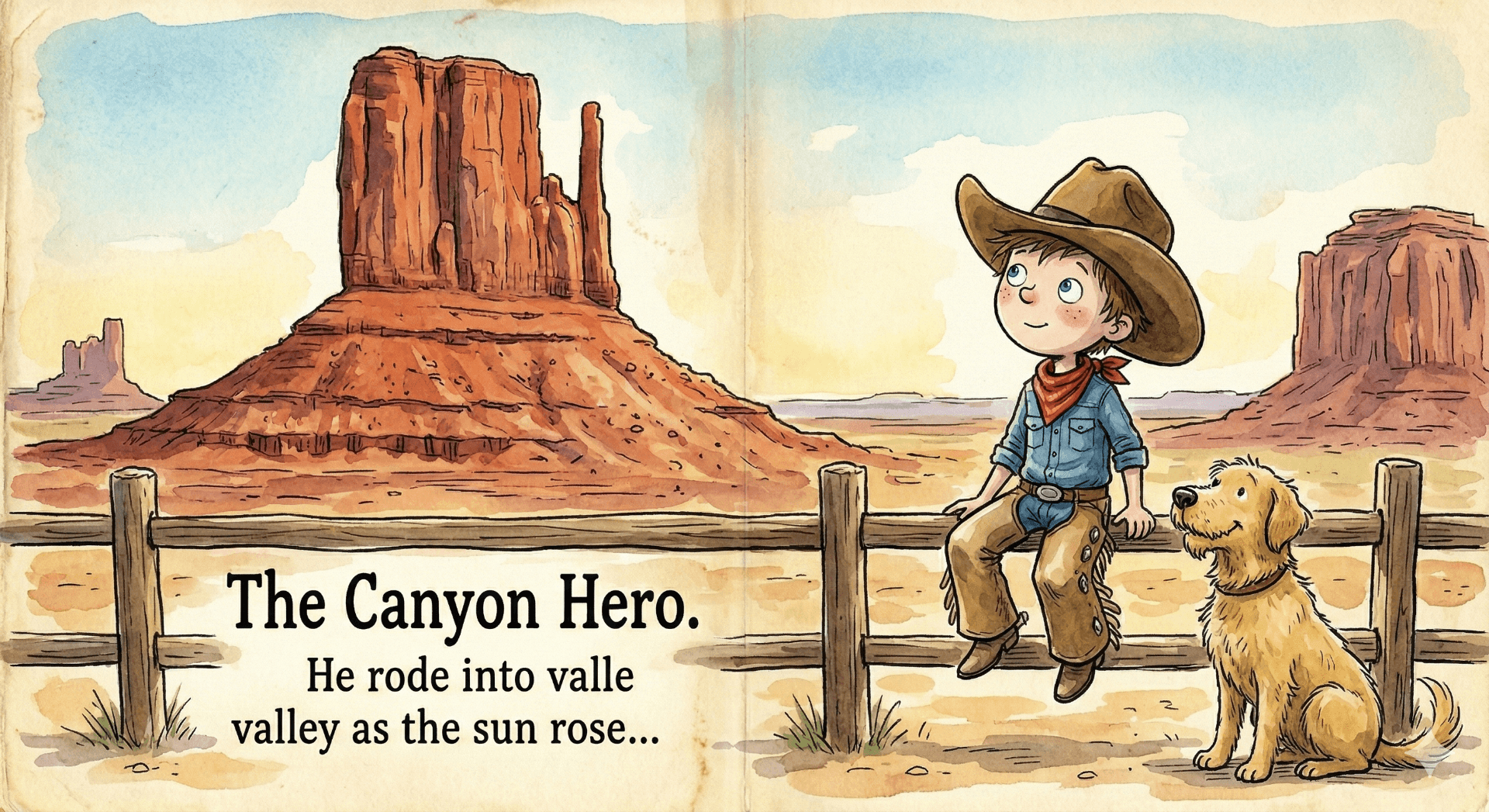 A watercolour storybook spread titled “The Canyon Hero” — a freckled boy in a cowboy hat and red neckerchief sitting on a fence rail beside his golden dog, red rock buttes behind them.