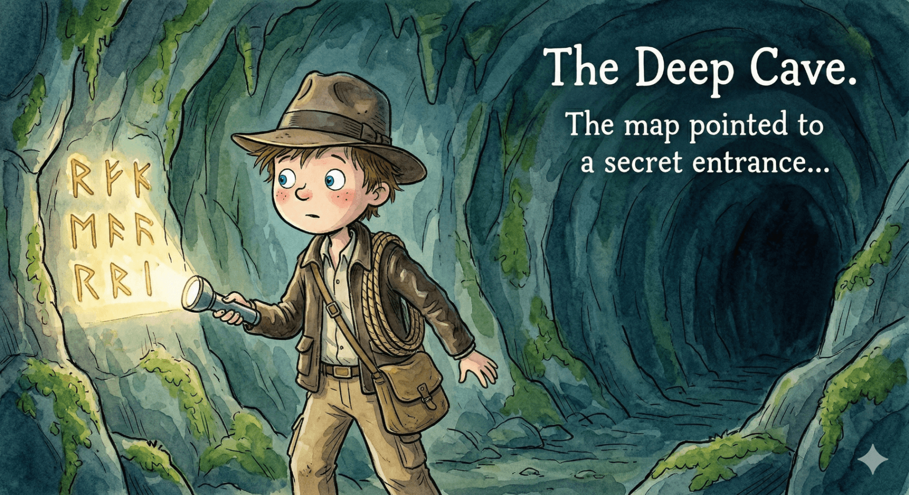 A watercolour storybook spread titled “The Deep Cave” — a child in an explorer’s hat holding up a torch that lights carved symbols on a mossy cave wall, stepping carefully into the dark.