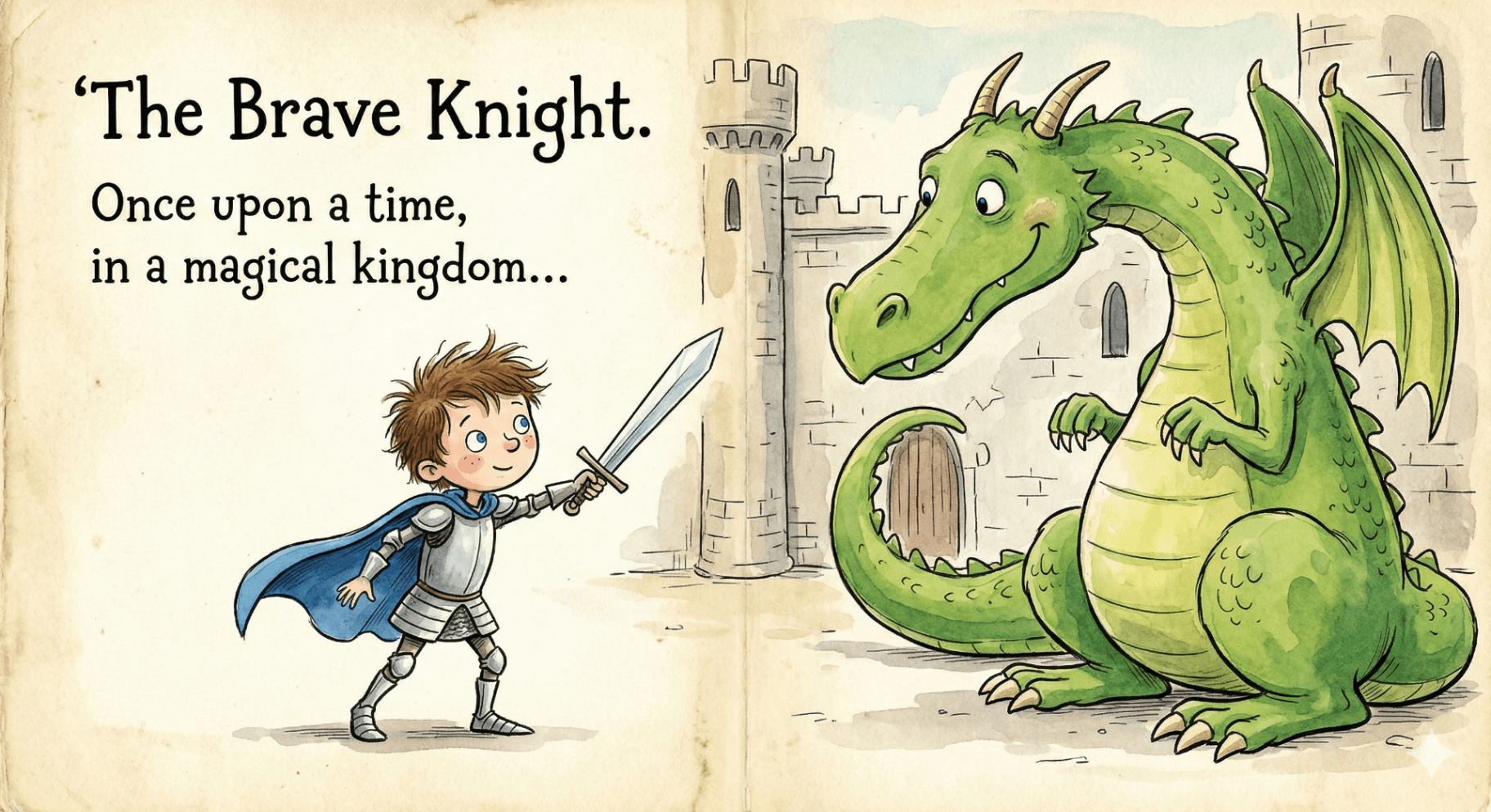 A watercolour storybook spread titled “The Brave Knight” — a child in armour and a blue cape raising a sword toward a large, friendly green dragon sitting outside a castle wall.